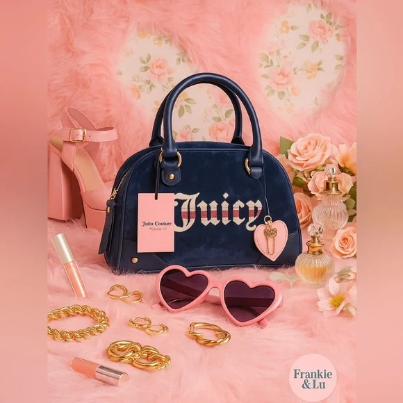 Juicy Couture Regal Blue Velour Satchel Crossbody Bowler Bag NWT - Picture 2 of 8